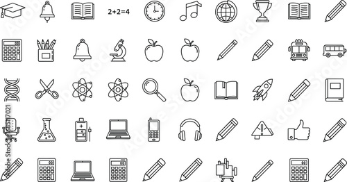 School education icon pack, learning and teaching vector set, academic subject clipart, classroom tools line art, back to school supplies illustration