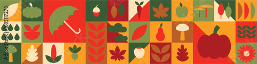 Geometric Bauhaus Autumn Border with Umbrella, Leaves, and Seasonal Harvest Icons