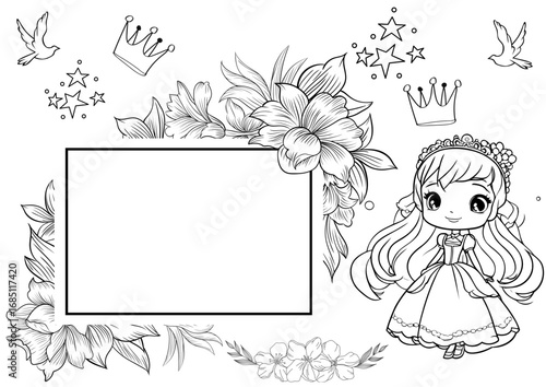 cute floral frame as a coloring page with cartoon princess and adorable starst & crowns; fairytale ornament; easy to print!