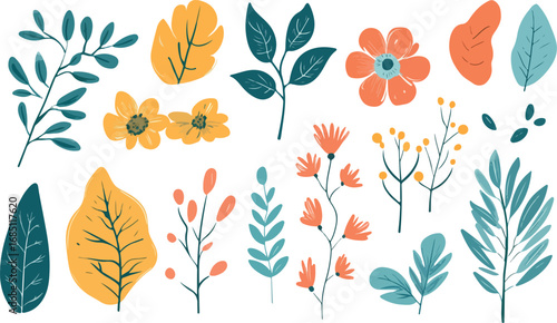 Collection of hand drawn botanical elements featuring leaves flowers and branches in warm autumnal colors