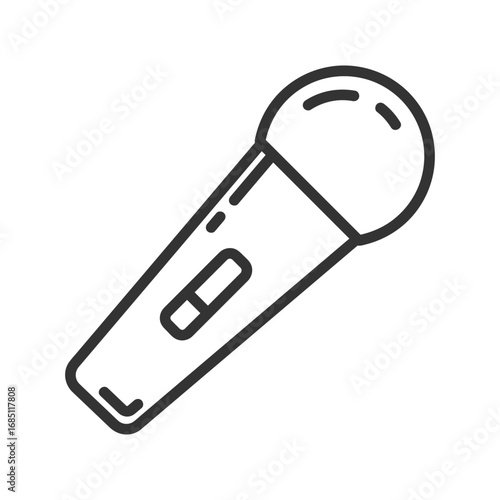 Black outlined cartoonstyle microphone pointing upwards to the upper right. Editable stroke. Vector illustration