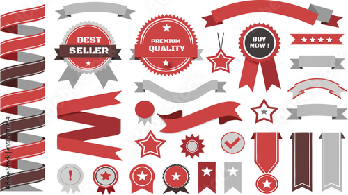 Stunning collection of red and grey ribbons, badges, and stars for sale promotions and marketing