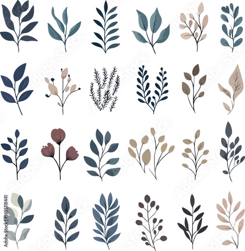 Collection of delicate watercolor botanical illustrations of various leaves and branches in muted earth tones