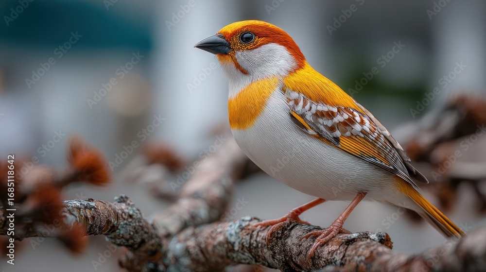 Naklejka premium Charming orange headed bird posing gracefully on a branch in nature