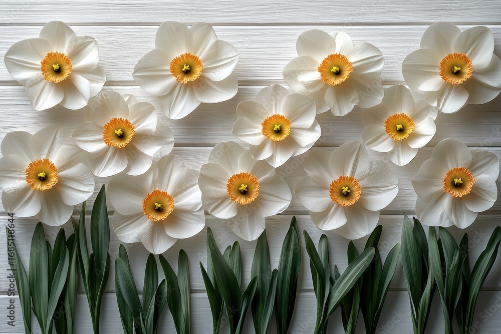 Fototapeta premium Creative spring advertising layouts featuring daffodils on a clean white background