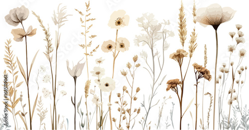 Delicate dried wildflowers and grasses create a soft natural border against a bright white background