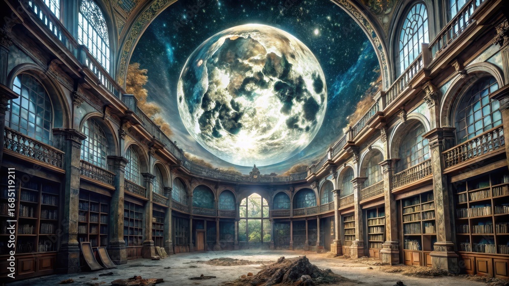 Obraz premium Photo of a grand library, bathed in moonlight, showcases towering bookshelves and ornate architecture, with a giant moon visible through the arched ceiling, creating a magical atmosphere