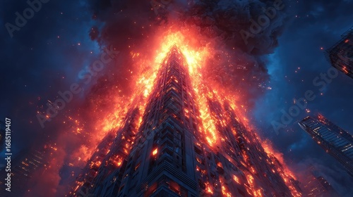 Burning high-rise building with smoke, clear dramatic sky, vibrant flames, high quality detail, photorealistic emergency scene.