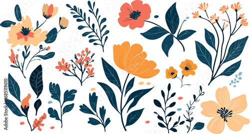 Collection of delicate hand drawn botanical elements featuring vibrant flowers and greenery on white