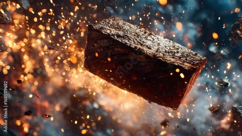 A piece of burnt wood is flying through the air