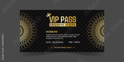 VIP Pass Exclusive Access Ticket Design Template for Concert, Party or Festival in Elegant Gold Style