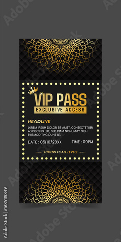 Black VIP pass exclusive access flyer template with golden glittering VIP sign, mandalas and pattern background