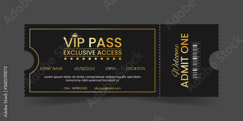 VIP Pass Exclusive Access Ticket Design Template in Elegant Gold Style for Event, Concert, Party, Festival