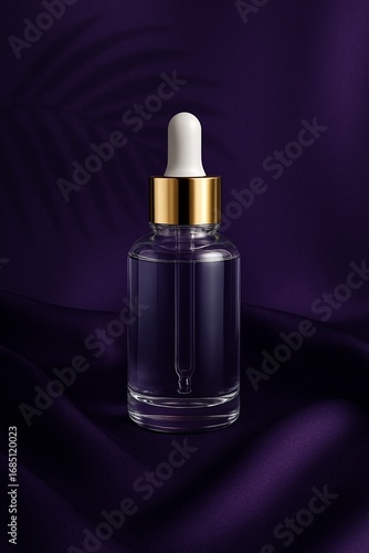  Glass dropper bottle mockup with gold lid on purple background