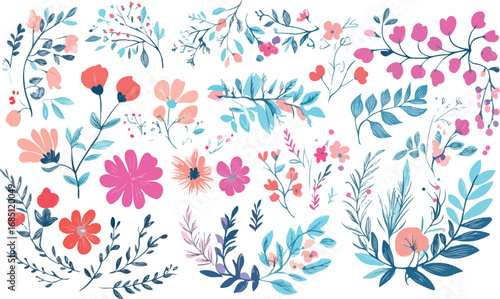 Collection of delicate watercolor floral elements and botanical illustrations with soft pastel colors