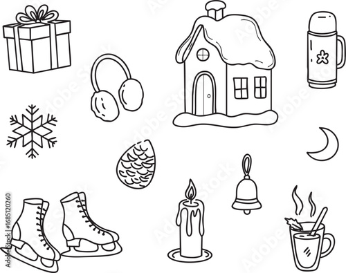 Hand-drawn winter doodle set with holiday elements like gifts, boots, earmuffs, hot cocoa, and a cozy house. Perfect for Christmas cards, holiday decorations, packaging