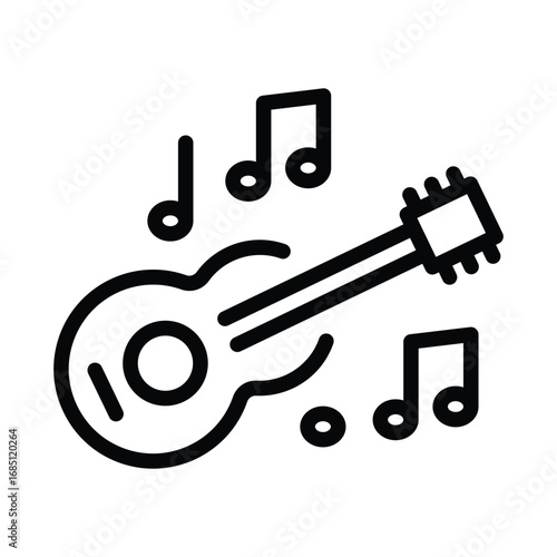Guitar with music notes around it in a line drawing. Editable stroke. Vector illustration