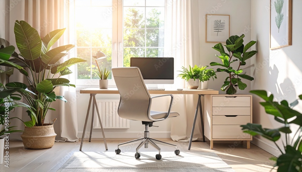 Fototapeta premium Bright Minimalist Home Office with Wooden Desk Ergonomic Chair and Lush Green Houseplants by the Window