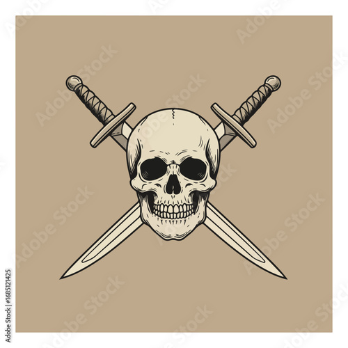 A detailed illustration of a human skull with crossed swords, depicting a symbol of danger.