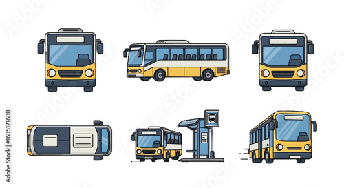 Electric and regular bus vector icon set with multiple views