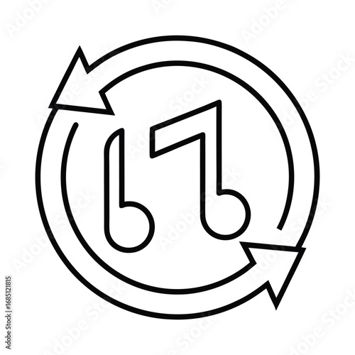 Line art of two musical notes within a circular arrow. Editable stroke. Vector illustration