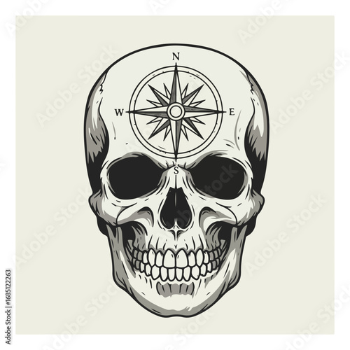 Detailed grayscale illustration of a human skull, featuring a compass rose superimposed on the forehead.