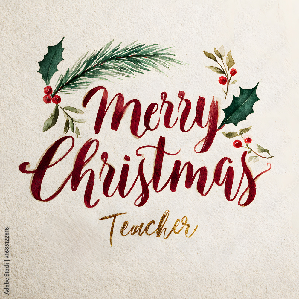 Fototapeta premium A beautifully crafted Christmas greeting card showcases the message Merry Christmas Teacher in elegant script surrounded by holly, pine leaves, and red berries, perfect for the holiday season