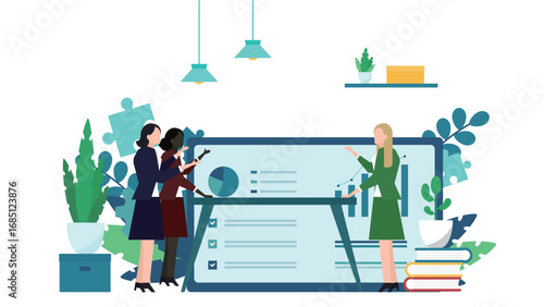 グラフやデータを用いてマーケティングについて会議をしているビジネスウーマン（白） Businesswomen having a meeting about marketing with graphs and data (white)