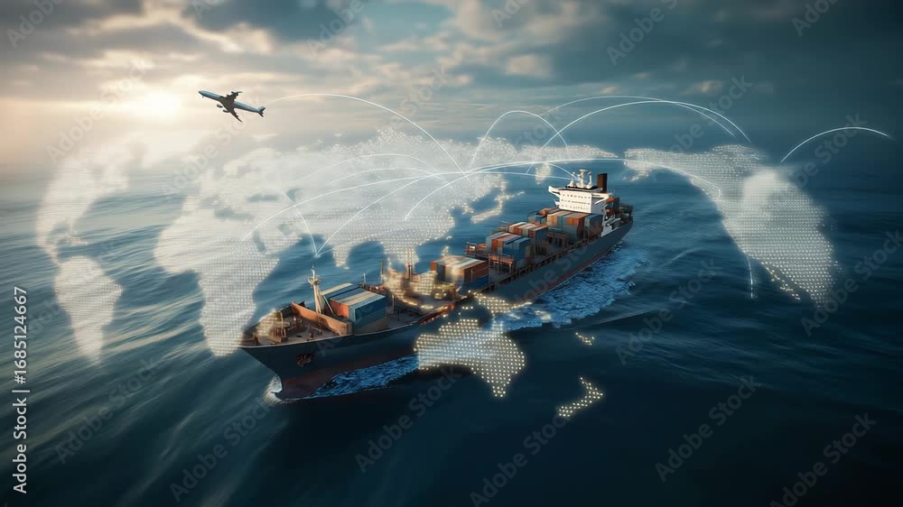 A large cargo ship moving through the ocean with a digital world map ...