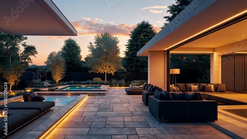 Modern luxury villa exterior with swimming pool illuminated at sunset surrounded by elegant outdoor furniture design