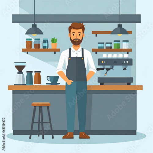 Flat Design Barista Character in Coffee Shop Illustration