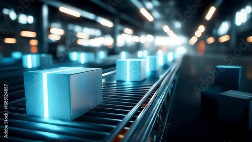 Glowing packages on the international express automatic assembly line are moving on the conveyor belt in modern warehouse with neon light	
