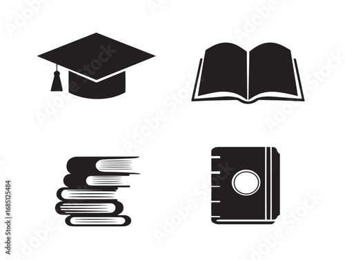 Elegant graduation book silhouette vector icons set for academic use