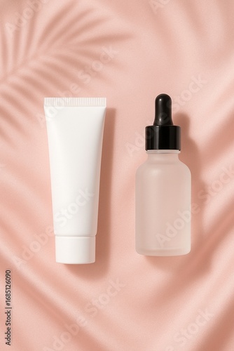 Cosmetic jar and frosted dropper bottle on pink silk