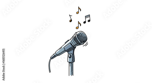 A vintage microphone vibrates with musical notes ascending into the air creating a lively atmosphere for performance