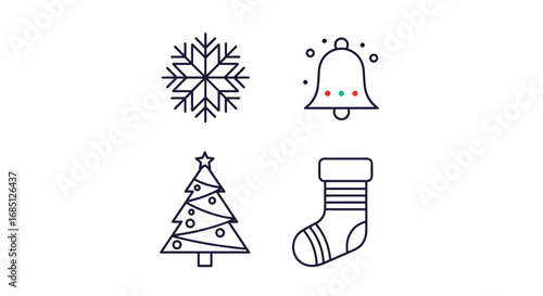 Collection of festive winter holiday icons including snowflake bell christmas tree and stocking for seasonal decorations
