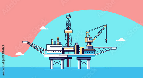 Detailed illustration of a modern offshore drilling platform providing vital energy resources for global industries