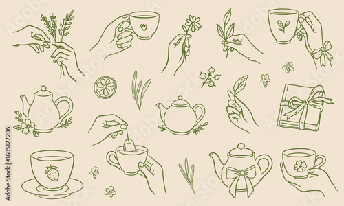 Vector set of tea ceremony elements. Minimal line art illustration with hands, teapots, cups, herbs and flowers.