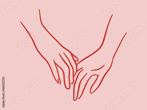 Vector illustration of two hands touching a circle. Minimalist line art style. Colored 