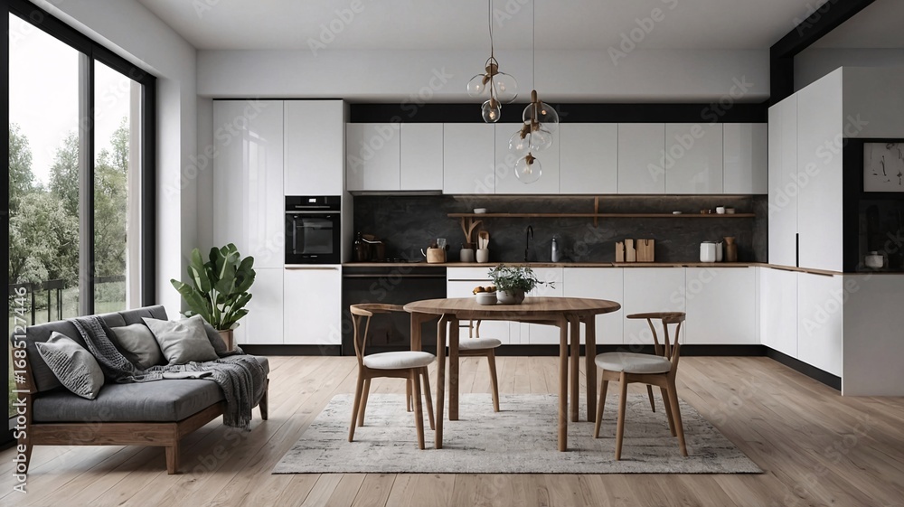 Fototapeta premium Modern kitchen with minimalist design featuring a wooden dining table and stylish decor.