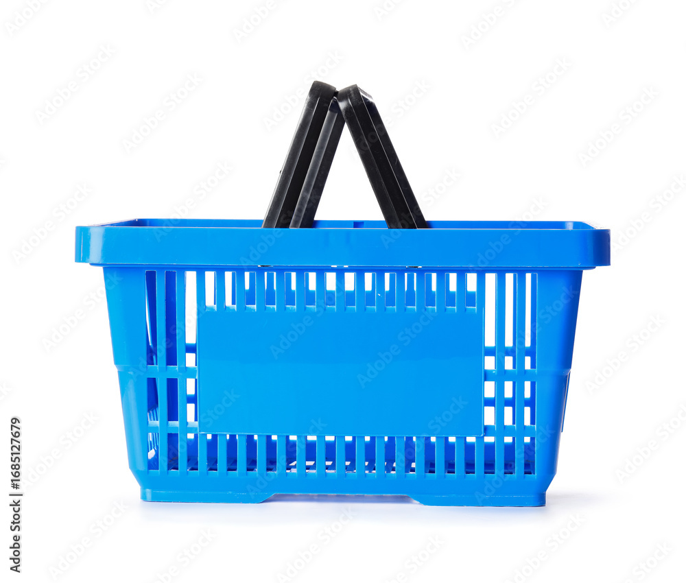 Fototapeta premium Blue shopping basket on white background