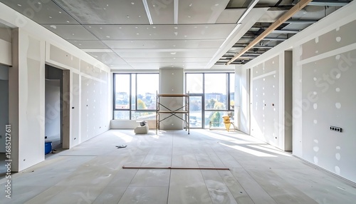 An empty, modern interior undergoing renovation.  Spacious, bright, and under construction