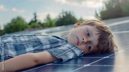 Sleeping boy on solar panels