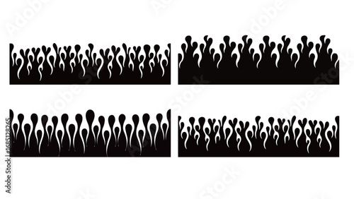 Four Silhouette Designs of Dripping Black Liquid or Lava Flowing Downward Creating Abstract Wave Patterns Ideal for Decorative Borders or Graphic Elements