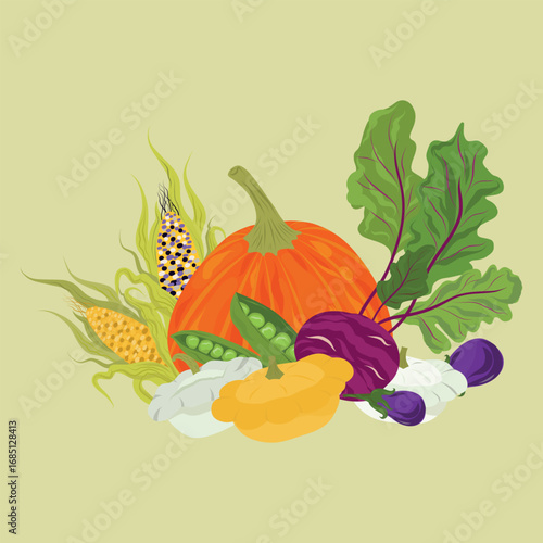 Pumpkin and Vegetables Arrangement, Autumn Vegetable Still Life, Pumpkin Cluster