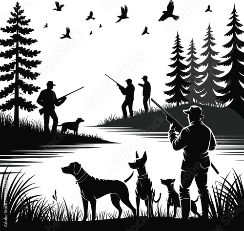 Hunters with Dogs in Forest by Lake, Silhouette Scene, Duck Hunting Adventure, Outdoor Wilderness, Nature Landscape, Trees, Birds, Reflection, Calm