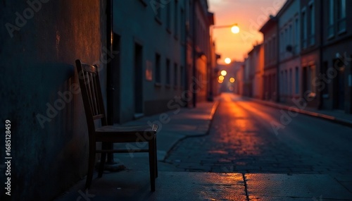 An empty chair sits beside a dimly lit window, overlooking a deserted street at twilight, symbolizing profound isolation and the finality of solitude , dying, hopelessness