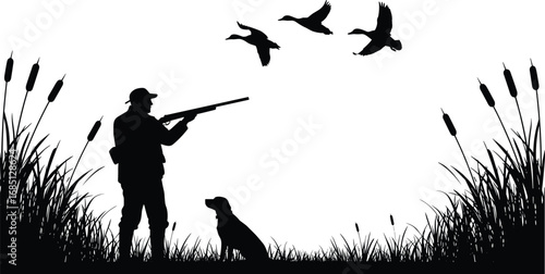 Silhouette of Hunter Aiming at Ducks with Dog, Cattail Marsh Scene, Wildlife Hunting, Outdoor Adventure, Nature Reflection, Waterfowl Flight