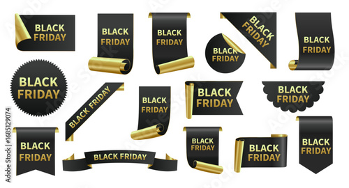 Black Friday sale ribbon labels with golden design. Special discount price tags, corner curl bookmarks with Black Friday text. Set of shopping banner offer and stickers vector illustration.