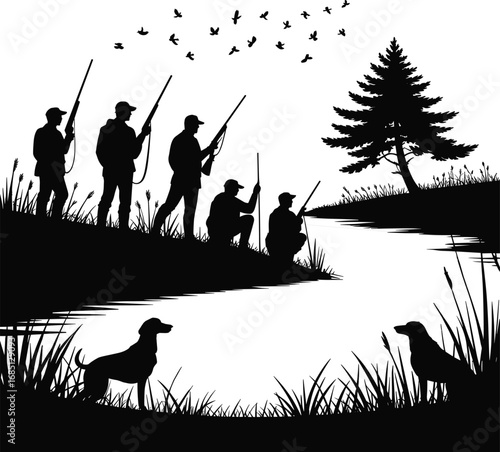 Silhouette of Hunters with Dogs by River, Duck Hunting Scene, Outdoor Wildlife Adventure, Nature Landscape, Forest and Water Reflection